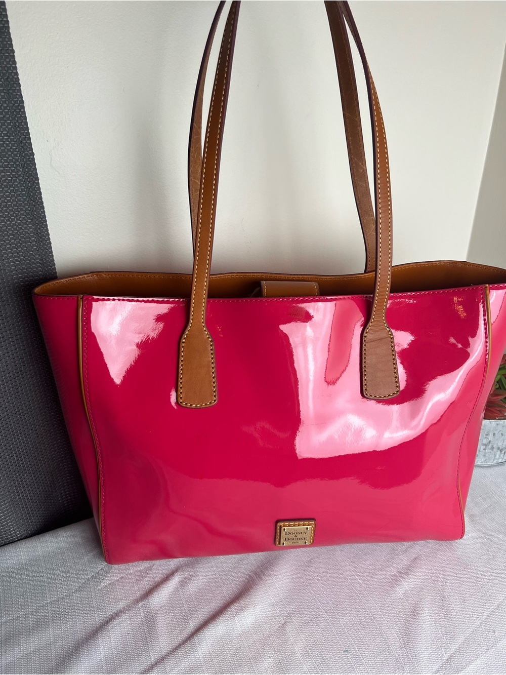Dooney & Bourke NWOT Hot Pink Patent Tote with Tan Handles